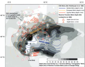 Figure 15. Moho topography derived from iso-surface of v P = 7.25 km s − 1 in our preliminary 3-D model