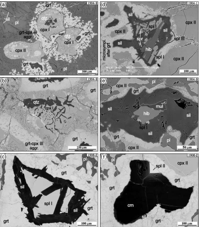 Fig. 5. Back-scattered electron images demonstrating the different mineral generations and important reaction domains in Ca–Al granulites.