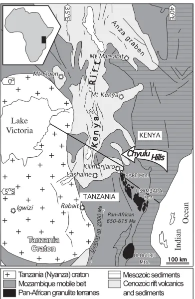 Fig. 1. Generalized geological map of Kenya, northern Tanzania, and parts of Uganda and Ethiopia, showing the principal tectonic units and the location of the Chyulu Hills volcanic field