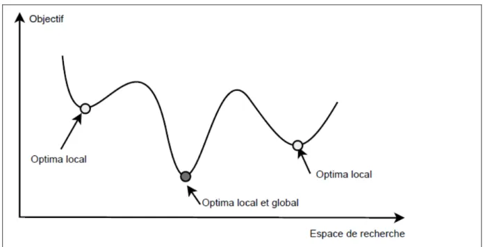 Figure   1-12  Optimum  local et optimum global dans un espace de recherche. Un problème peut avoir de nombreuses  solutions optimales globales