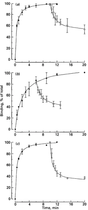 Fig. 1. Binding of (a)  3 H-prazosin, (6)  3 H-rauwolseine and (c)  3 H-dihydroalprenolol to membranes of mammary duct tissue from the udders of three cows:  # , association; O, dissociation