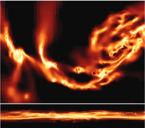 Figure 4. Zoomed-in face-on and side-on density maps of the LMC-sized model with stellar feedback at t = 254 Myr