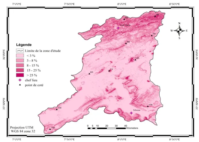 Fig n° 10 : Carte des pentes du Bassin Versant de la Medjerda. 