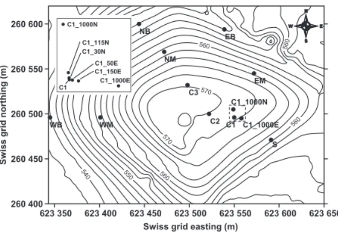 Fig. 1. Contour plot of the Lindenstock landfill showing elevation (in m a.s.l.) and sampling locations