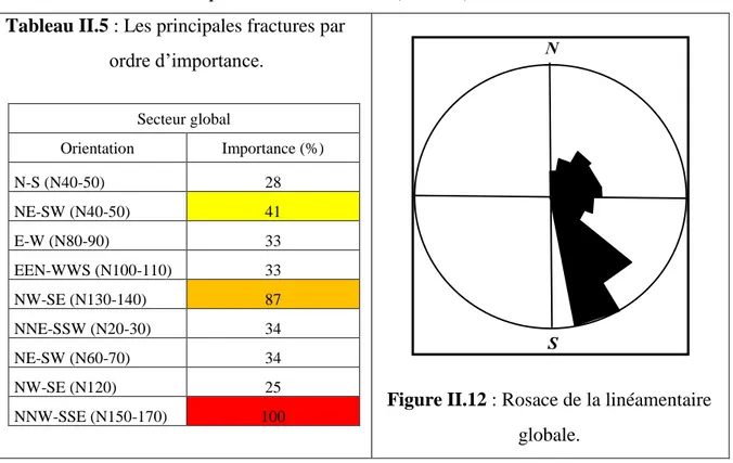 Tableau II.5 : Les principales fractures par  ordre d’importance.   Secteur global  Orientation  Importance (%)  N-S (N40-50)  28  NE-SW (N40-50)  41  E-W (N80-90)  33  EEN-WWS (N100-110)  33  NW-SE (N130-140)  87  NNE-SSW (N20-30)  34  NE-SW (N60-70)  34 