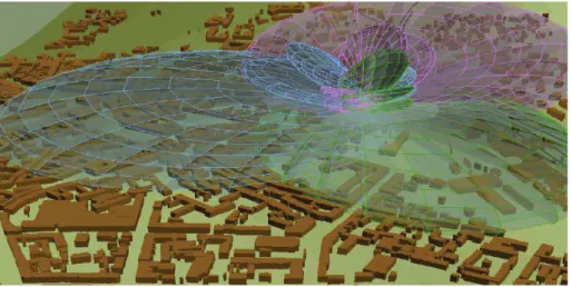 Figure II.5 : Visualisation en 3D des ondes radioélectriques se propagent dans une zone urbaine dense