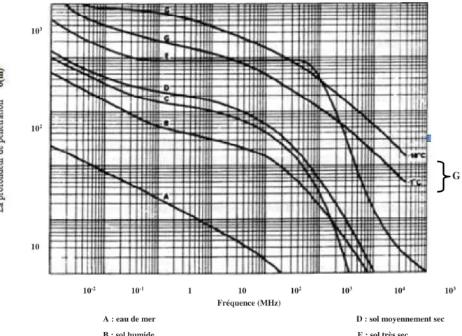 Figure III.7: profondeur de pénétration en fonction de la fréquence [60]. 