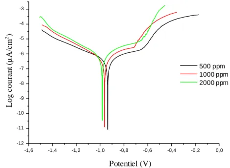 Figure  IV.16   Courbes  de polarisation  obtenues  pour différentes  concentrations                                         d’ions  Cl -   à température  ambiante 