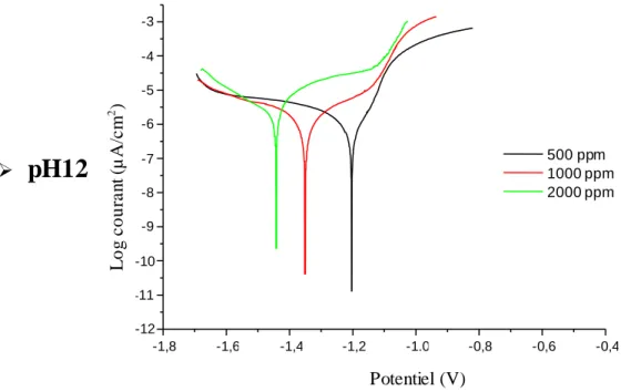 Figure  IV.18   Courbes  de polarisation  obtenues  pour différentes  concentrations                                       d’ions  Cl -   à température  ambiante 