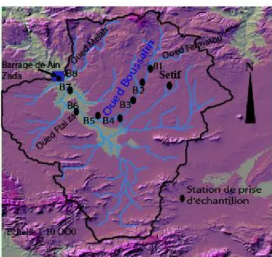 Figure 2.10.  Localisation des stations de prise des échantillons et délimitation du bassin versant de L’Oued Boussalem à Ain Zada E 1 : 100 000 (ArcGis)