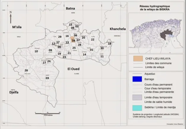 Figure 10. La situation géographique de Biskra et présentation des communes de la  wilaya d’après Arour (2015) (modifié)
