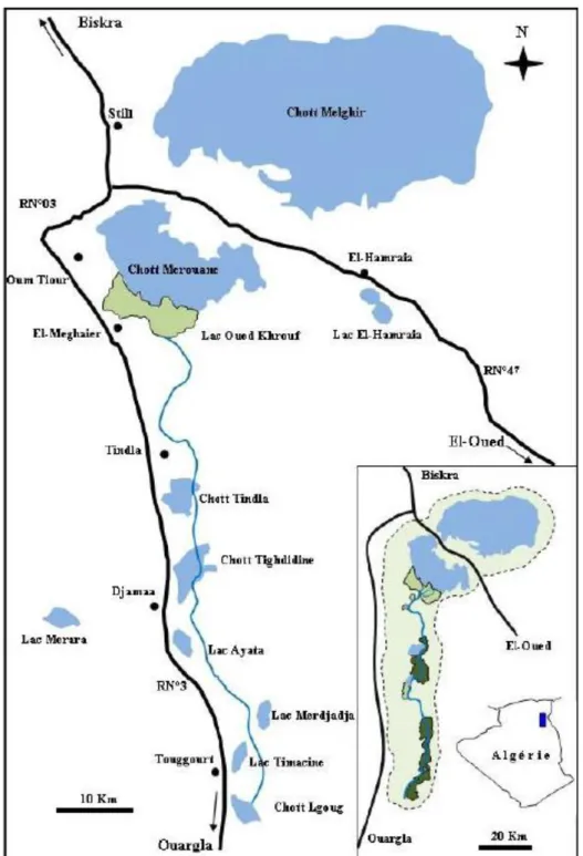 Figure 12.  Les chotts et les lacs de la région d’Oued Righ (Bouzegag et al. 2013). 