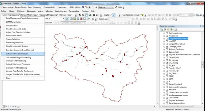 Figure 19. Délimitation des sous-bassins (CATCHMENT GRID DELINEATION) sous Arc  Hydro Tools
