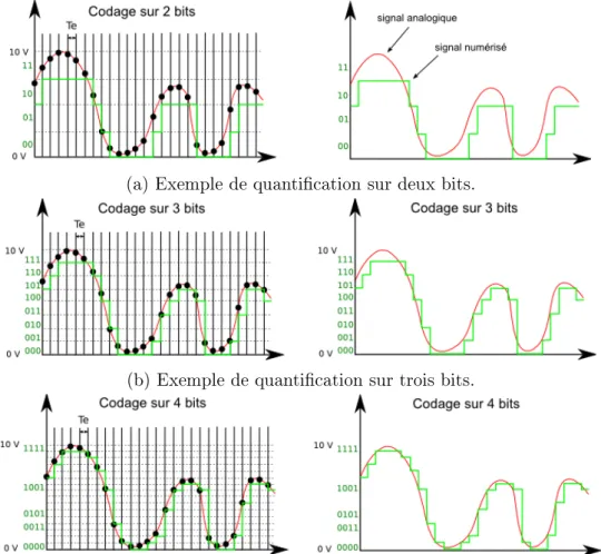 Figure 2.22: Exemples de quantication d'un signal d'amplitude 10v , image tiré de : http://culturesciencesphysique.ens-lyon.fr/ressource/