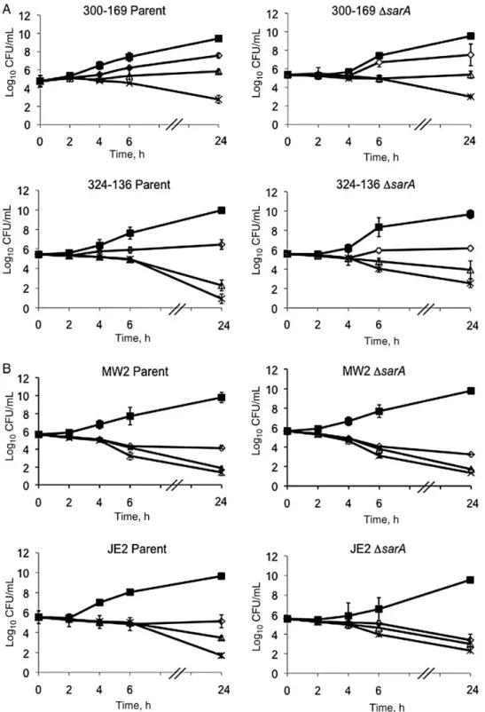 Figure 1. In vitro time-kill curves of vancomycin against healthcare-associated methicillin-resistant Staphylococcus aureus (HA-MRSA; 300 – 169 and 324 – 136; A) and community-acquired MRSA (CA-MRSA; MW2 and JE2; B) strain sets