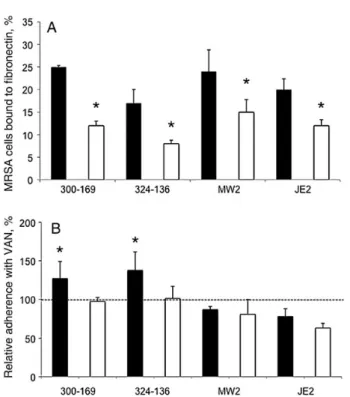 Figure 3A). Interestingly, in the presence of 0.5 times the MIC of vancomycin, 2 HA-MRSA parental strains showed  signiﬁ-cantly increased binding to ﬁ bronectin, compared with their  re-spective controls, whereas the 2 CA-MRSA strains exhibited decreased ﬁ
