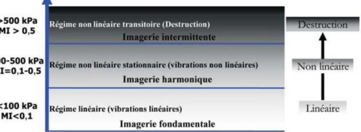 Fig. II.2: Régimes acoustiques d’une microbulle en fonction de l’index mécanique  (IM)