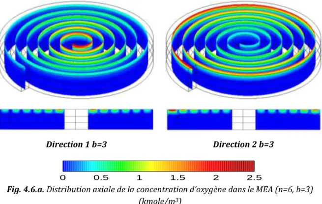 Fig. 4.6.a. Distribution axiale de la concentration d’oxygène dans le MEA (n=6, b=3)  (kmole/m 3 ) 
