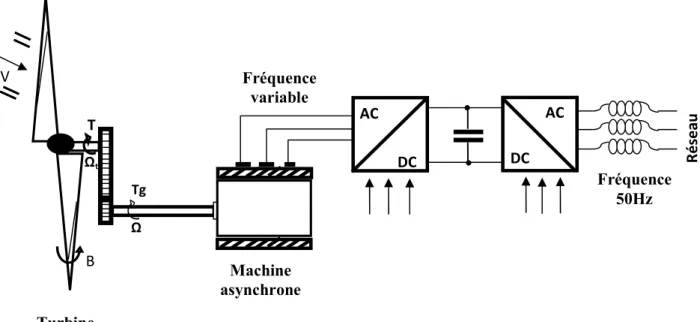 Figure 1.15: Eolienne à vitesse variable basé sur la machine asynchrone à cage [BEK 14] .