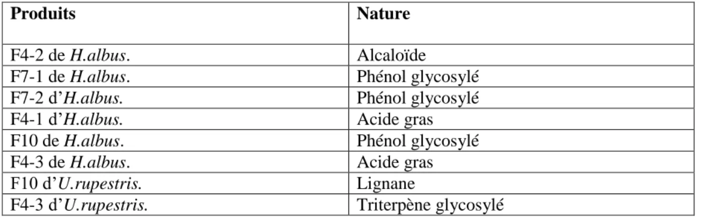 Tableau 8. Nature des produits obtenus après analyse par RMN à proton. 