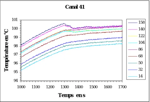 Figure 36a. Évolution temporelle des températures de paroi canal 41 pour une puissance de  200W et un débit de 33 ml/min