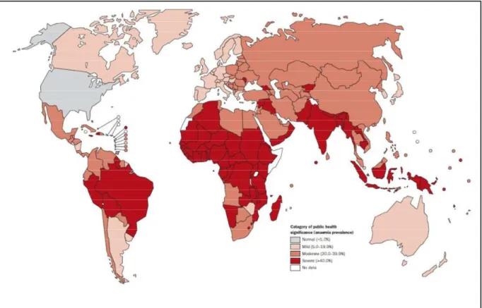 FIGURE 1 : l’anémie chez les enfants d’âge préscolaire dans le monde. , Benoist 2008 