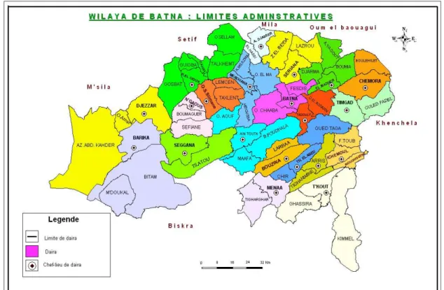 Figure  11 : Territoire géographique de la wilaya de Batna, DPAT. Décembre 2013  Présentation de La ville de Batna  
