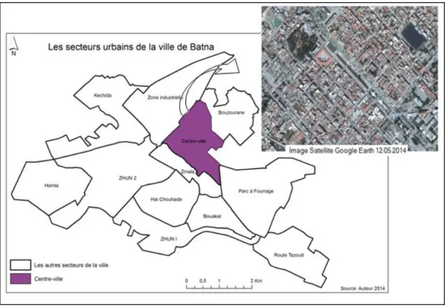Figure  ‏ II-1 : Localisation du centre-ville par rapport aux autres quartiers de la ville et une  image satellite du quartier