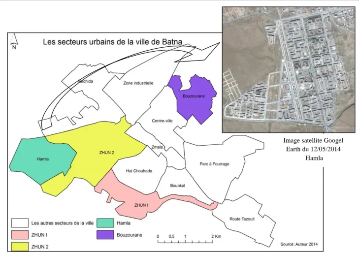 Figure  ‏ II-3 : Localisation des grands ensembles, ZHUN et l’habitat collectif, dans la ville  Une image satellite d’un des quartiers (ZHUN 1l) 