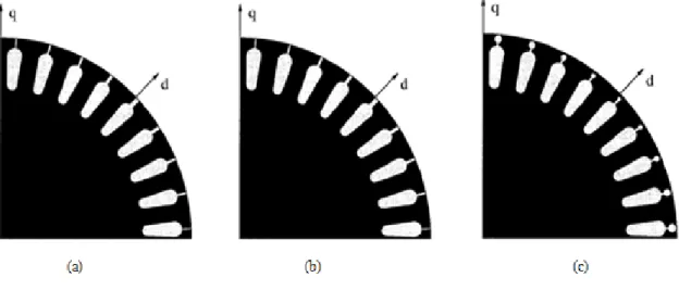 Figure II.4 : Rotor à cage de la machine à induction avec (a) : modulation dans les ouvertures  des encoches, (b) : modulation dans la profondeur des ouvertures d’encoches, (c) : variation 