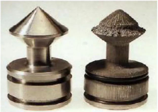Figure I.6 : Corrosion-érosion due à de fortes vitesses de circulation   du fluide corrosif (pointeau de vanne en alliage nickel-cuivre)