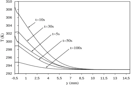 Figure II.6 : Profils de température T(y) dans le système plaque/fluide   à x =10 cm et  à différents instants