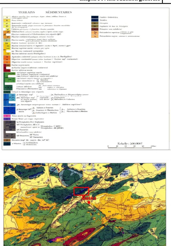 Fig. I.3: Carte géologique de la région de Batna, extrait de la carte de la géologie de l’Algérie  au 1/500 000