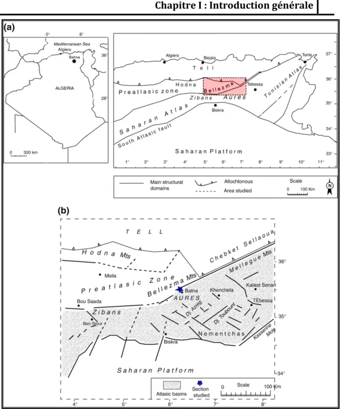 Fig.  I.5:  (a)  les  principaux  domaines  structuraux  de  l'Algérie  orientale,  (b)  Carte  paléogéographique du domaine atlasique oriental et localisation de la région d'étude (Herkat