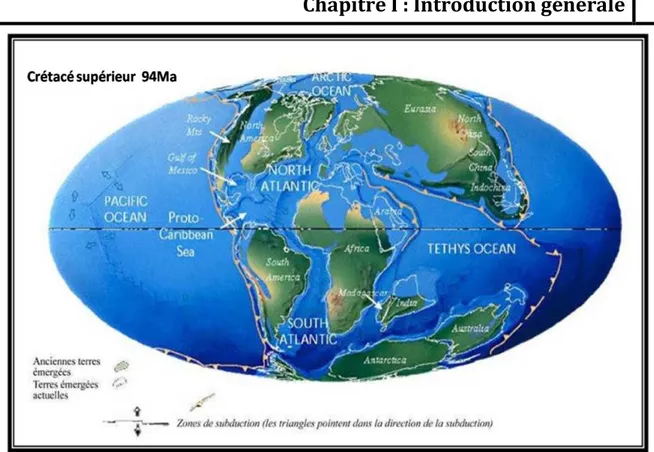 Fig. I.9: Paléogéographie globale au Crétacé supérieur (Scotese, 2002).