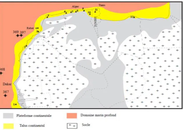 Fig.  I.10:  Carte  paléogéographique  et  de  localisation  des  faciès  du  Cénomano-Turonien  du  Nord-Ouest de l'Afrique d'après  Busson &amp; Cornée (1972) et Stampfil et al., (2001)