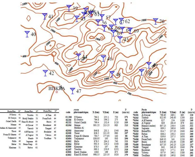 Figure 2.3 Extrait de la carte établie par (Mebarki 2004) localisant les stations  pluviométriques et codes correspondants relatifs à la région des Aurès