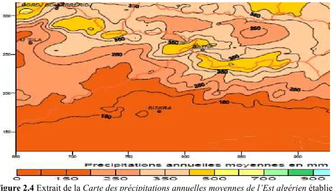 Figure 2.4 Extrait de la Carte des précipitations annuelles moyennes de l’Est algérien établie  par l’ANRH (Mebarki 2004) 