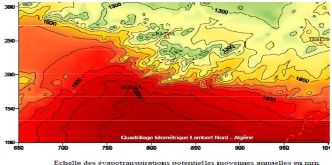 Figure 2.6 Extrait de la carte d’évapotranspiration potentielle annuelle moyenne de l’Est  algérien (Mebarki 2004) 