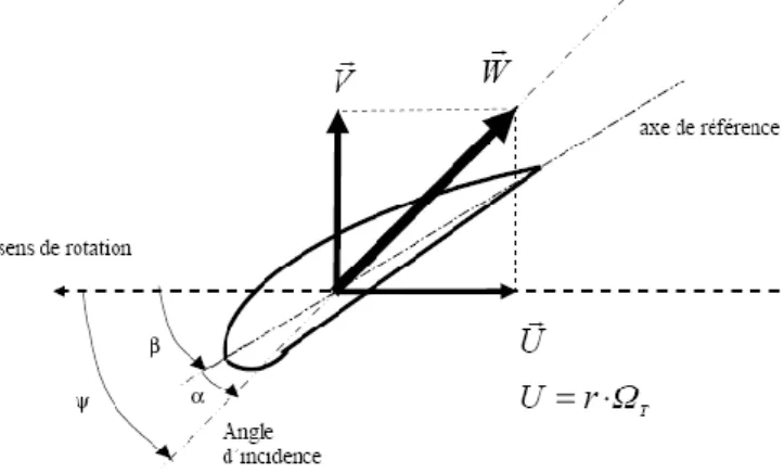 Fig. II. 5 : Directions du vent sur un tronçon de pale, [LAV 05] 