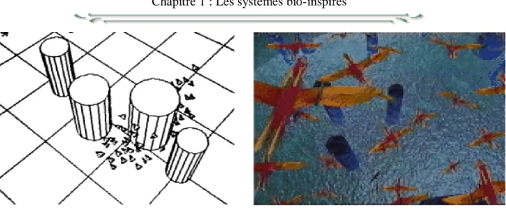 Figure 1.14: Un ensemble de boid simulé évitant des obstacles cylindriques (1986) [23].