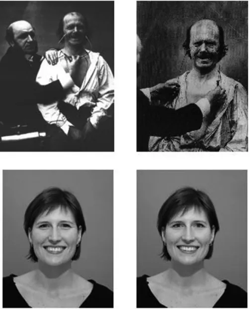 Figure 1. The top two photographs show the Duchenne (left) and non-Duchenne (right) smiles as elicited by Guillaume-Benjamin Duchenne de Boulogne himself, using electrical impulses to manipulate relevant facial muscles