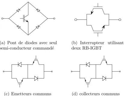 Figure 2.26 – Quelques interrupteurs bidirectionnels utilis´ es pour les convertisseurs ma- ma-triciels.