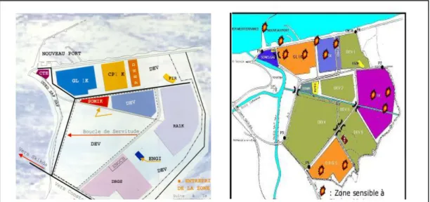Figure IV.1  Plan de masse et points à potentiel  risque majeur de la zone industrielle de Skikda  (Sonatrach, 2004) 