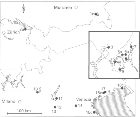 Figure 1. Collection sites for sympatric and allopatric populations of Viviparus ater and Viviparus contectiis in Germany, Switzerland and Italy