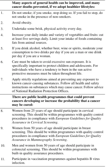Table 6. European Code Against Cancer (third version)