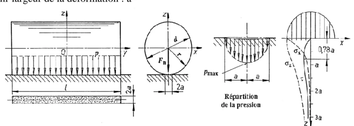 Figure II.4 Pression superficielle et déformation entre un cylindre et un plan 