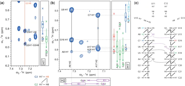 Figure 4. Application of 1D statistics during assignment walks. (a) Part of a 2D NOESY spectrum of TASL1 showing cross-peaks of the G3 H8 resonance that was already assigned based on 2D statistics