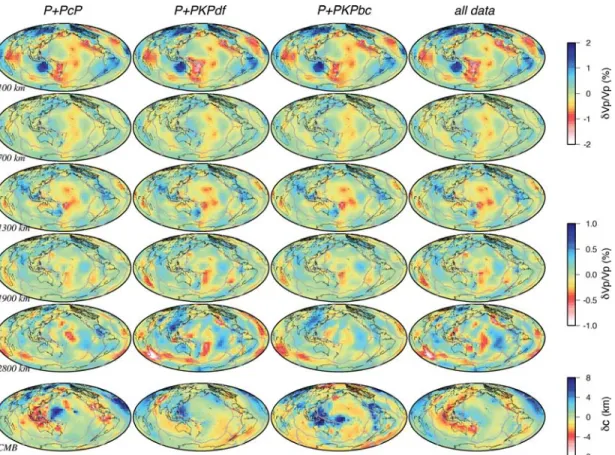 Figure 8. Seismic images of the Earth’s mantle (rows 1 to 5) (per cent) and CMB topography (last row) (km) obtained from the joint direct P and PcP data set (first column), joint P and P+PKPdf (second column), joint P and PKPbc (third column) and entire P,