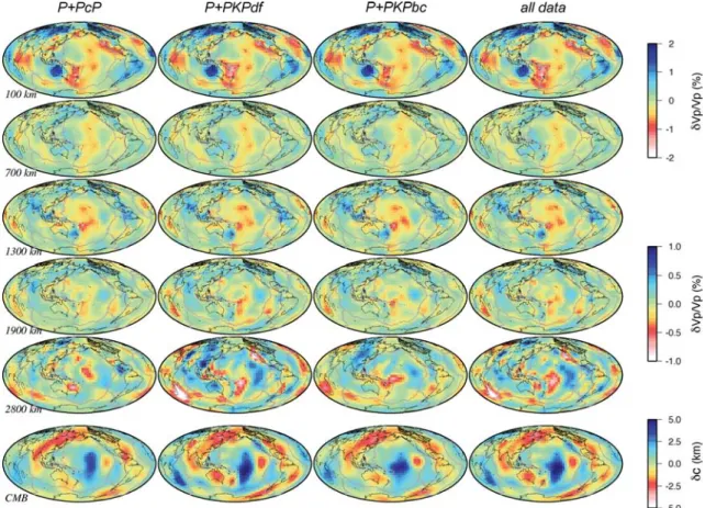Figure 9. Maps of mantle v P anomalies ( per cent) and CMB topography (km). The maps should be read as in the previous figure